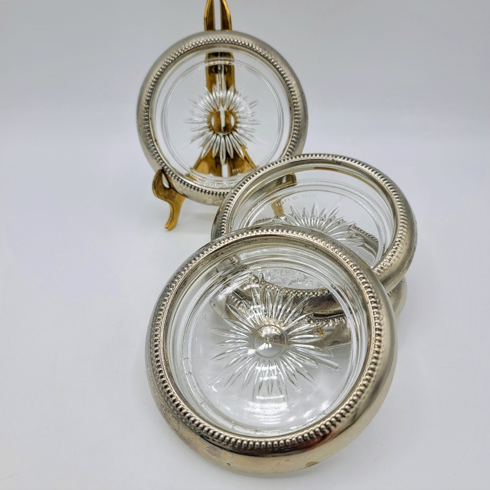 Leonard Italy Silverplate Starburst Glass Coaster Set of 4, Mid Century Vintage